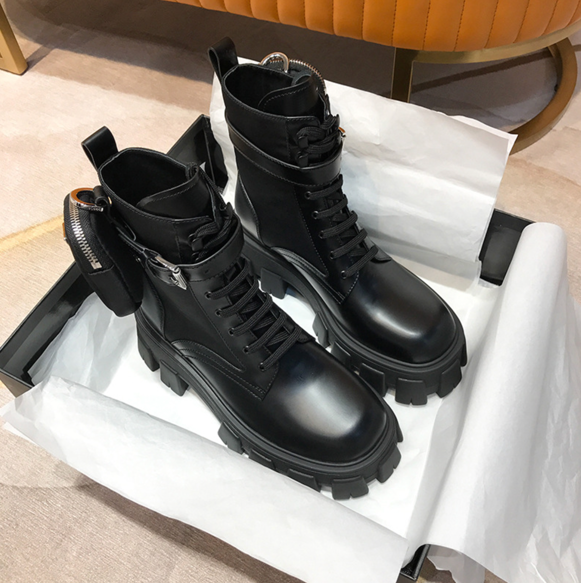 black combat boots with pockets