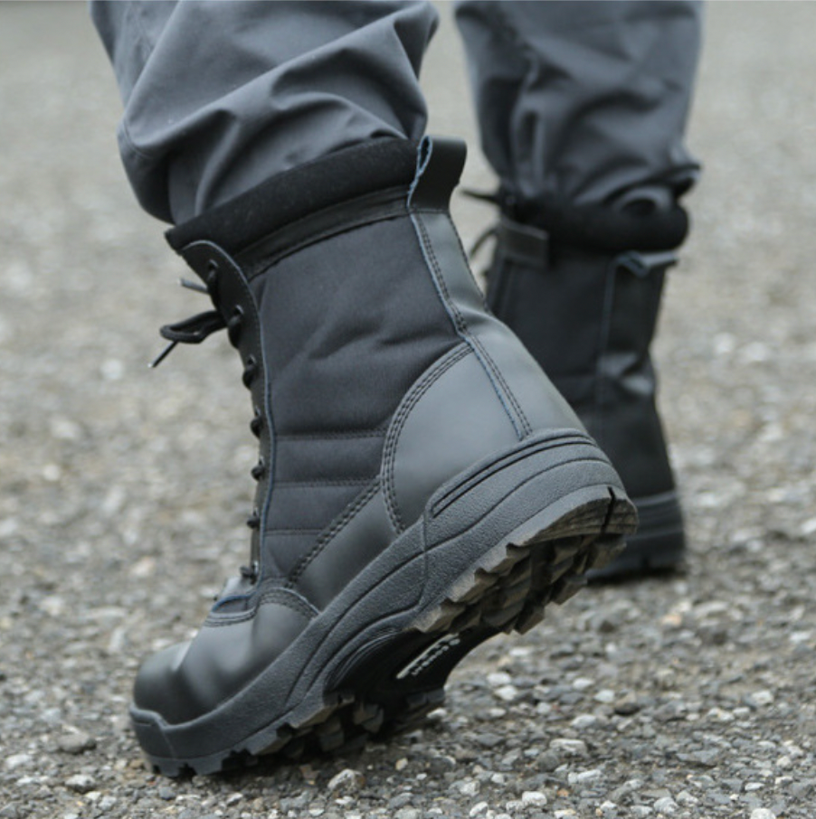 black tactical side zip boots