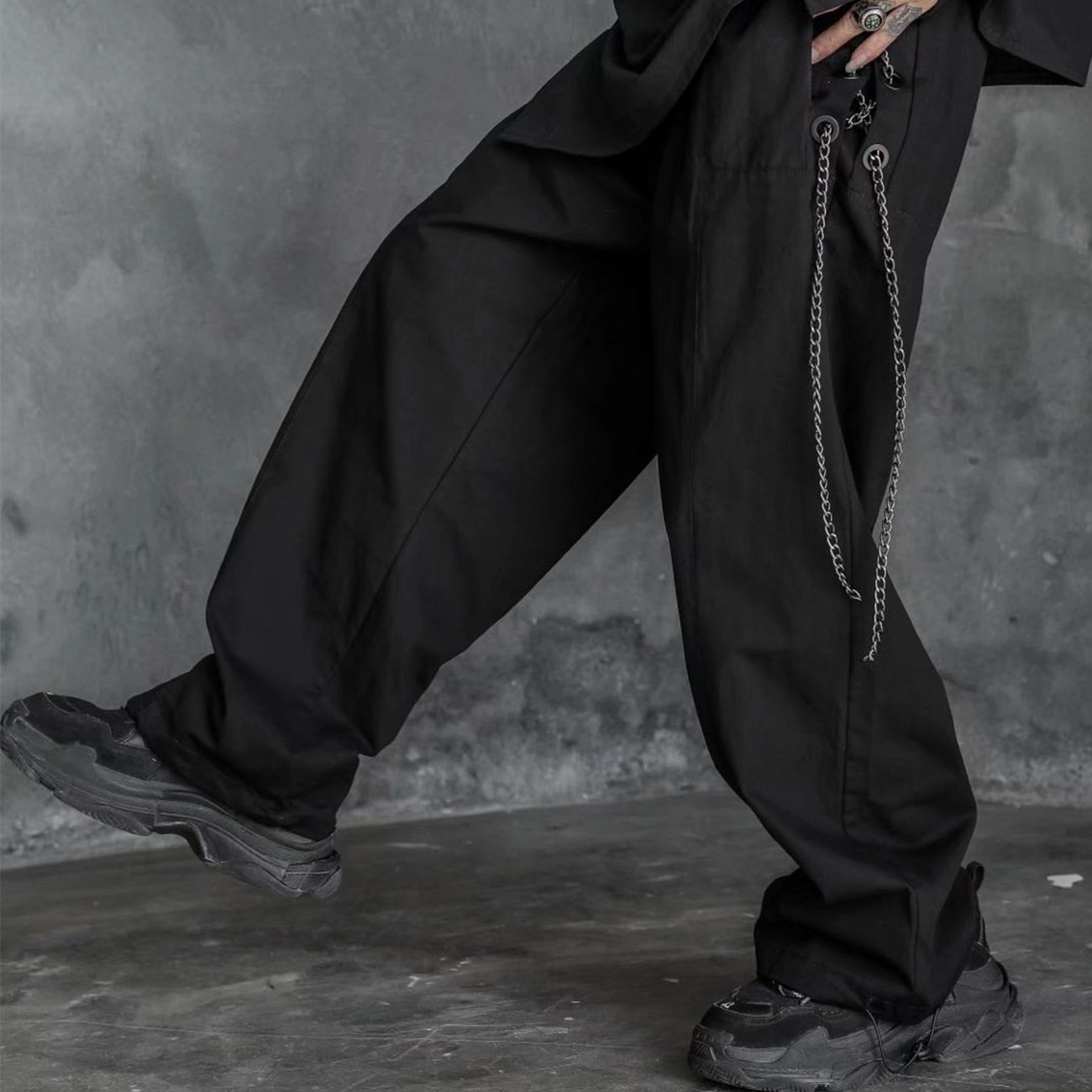 baggy black pants with chain